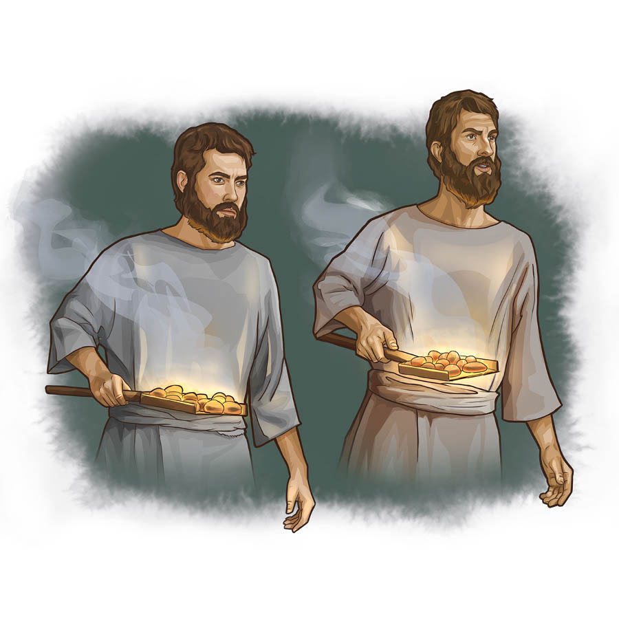 나답과 아비후가 향이 타고 있는 불 그릇을 들고 있는 모습.