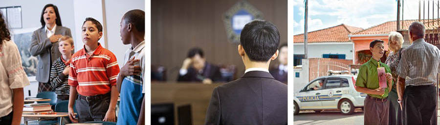 사진 모음: 용기를 나타내야 하는 상황들. 1. 학교에서 다른 사람들이 기 경례를 할 때 어린 학생이 가만히 서 있는 모습. 2. 한 형제가 판사들 앞에 서 있는 모습. 3. 한 젊은 형제가 야외 봉사에서 집주인에게 전도지를 전할 때 근처에서 경찰이 지켜보고 있는 모습.