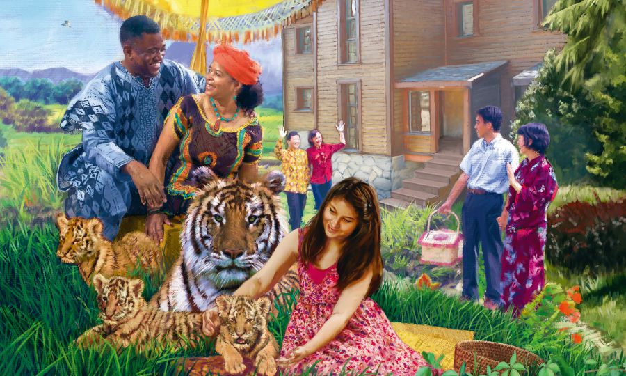 다양한 인종의 사람들이 낙원에서 즐겁게 생활하는 모습