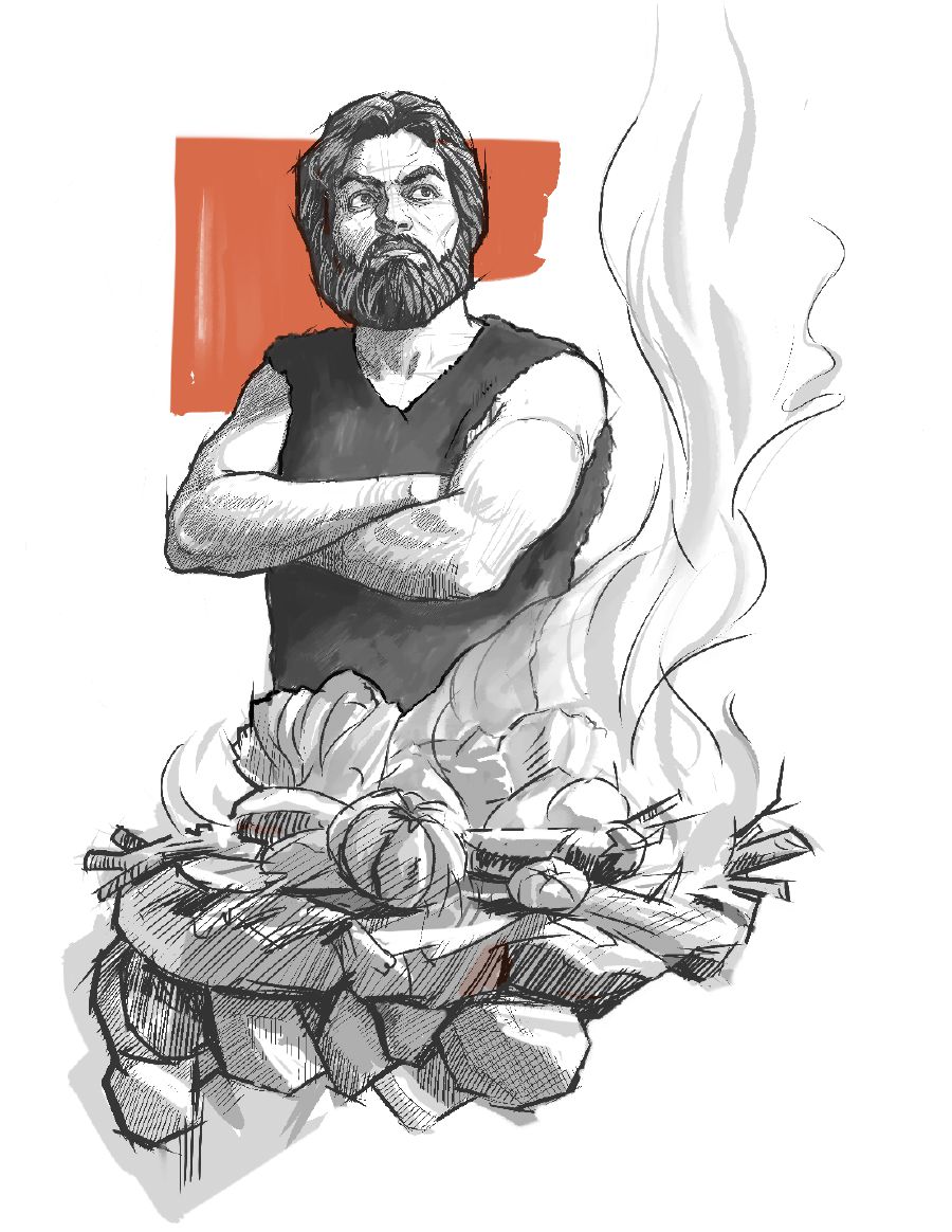 카인이 자신의 제물이 놓여 있는 제단 앞에서 팔짱을 낀 채 서 있는 모습