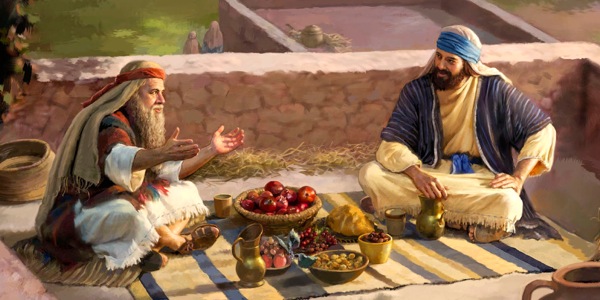 사무엘과 사울이 옥상에서 함께 음식을 즐기는 모습