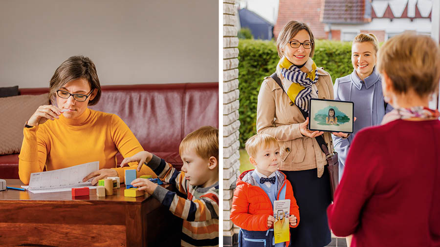 삽화 모음: 1. 한 자매가 달력을 보고 있고 어린 아들이 곁에서 놀고 있습니다. 2. 그 자매가 다른 자매와 봉사하면서 집주인에게 동영상을 보여 줍니다. 어린 아들이 전도지를 들고 있습니다.