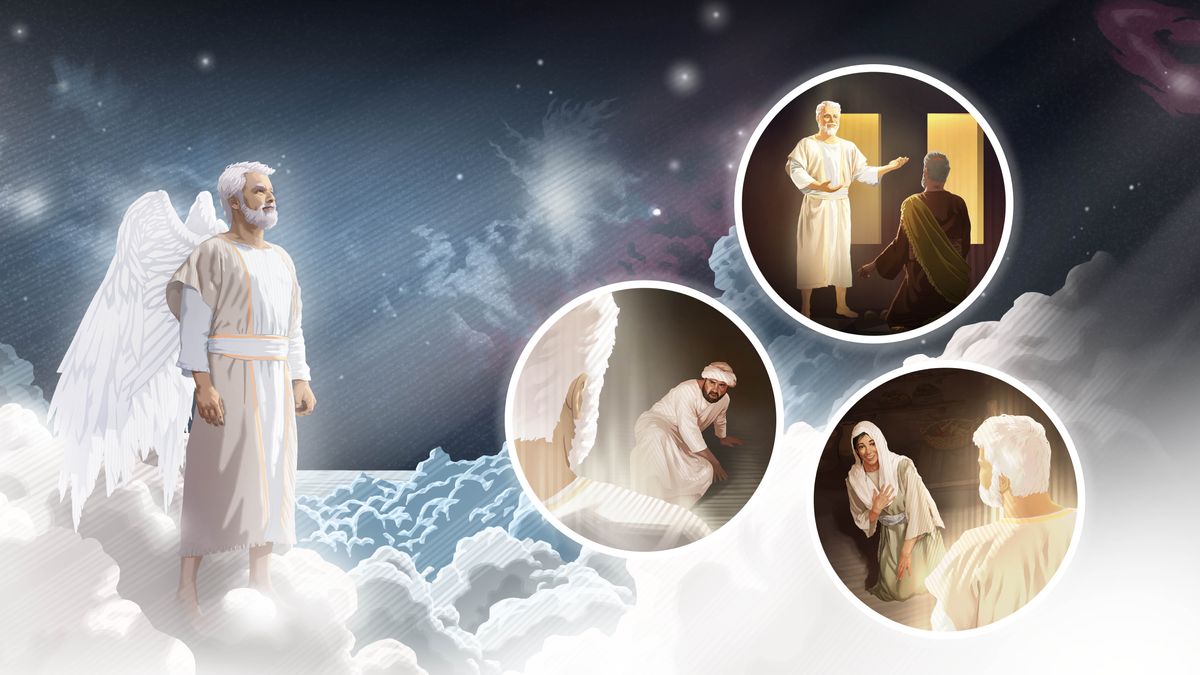 삽화 모음: 1. 가브리엘 천사가 하늘에 서서 위를 쳐다봅니다. 2. 그가 다니엘에게 하느님의 소식을 전합니다. 3. 그가 스가랴에게 하느님의 소식을 전합니다. 4. 그가 마리아에게 하느님의 소식을 전합니다.