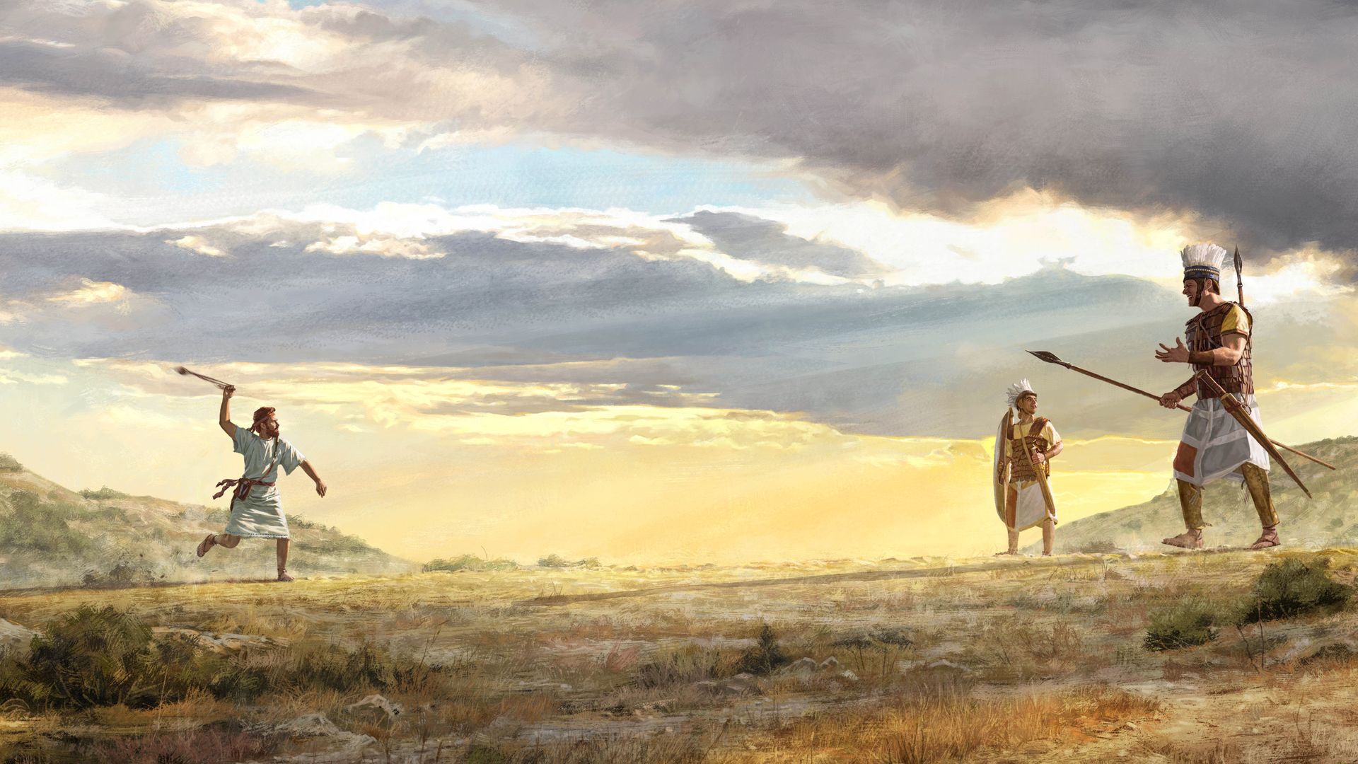 다윗이 무릿매를 머리 위에서 힘껏 돌리며 골리앗을 향해 달려가고 있습니다. 골리앗 옆에는 그의 무기를 든 군인이 서 있고, 골리앗은 다윗을 조롱하며 그를 향해 나아갑니다.