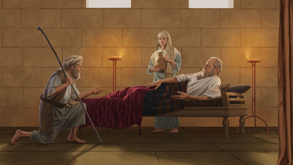 나단이 다윗 앞에서 무릎을 꿇고 있습니다. 다윗은 병상에 누워 있고, 그 옆에 아비삭이 물병을 들고 서 있습니다.