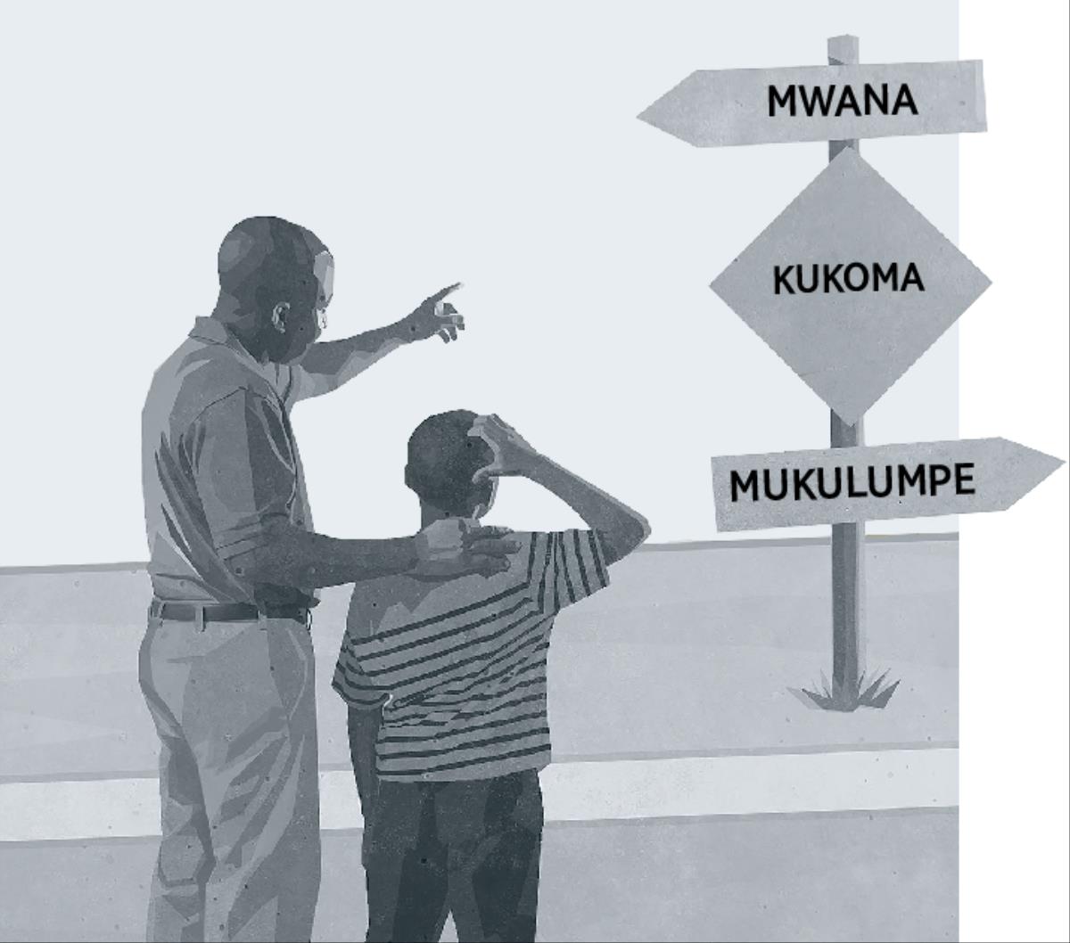 A father and son look at a signpost showing puberty on the road from childhood to adulthood