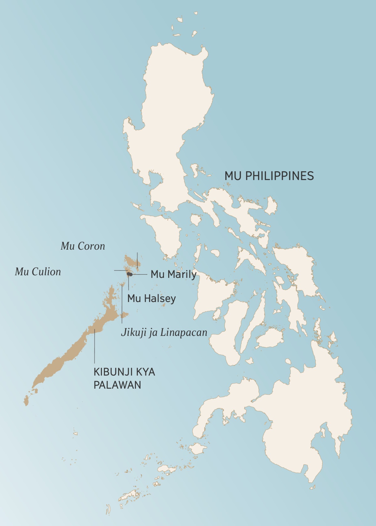 Mapu wa Kibunji kya Palawan, kyaikela mu kyalo kya Philippines wamwesha mapunzha mwaingijile ba Angelito ne kisemi kyabo: Coron, Culion, Halsey, Marily ne jikuji ja Linapacan.