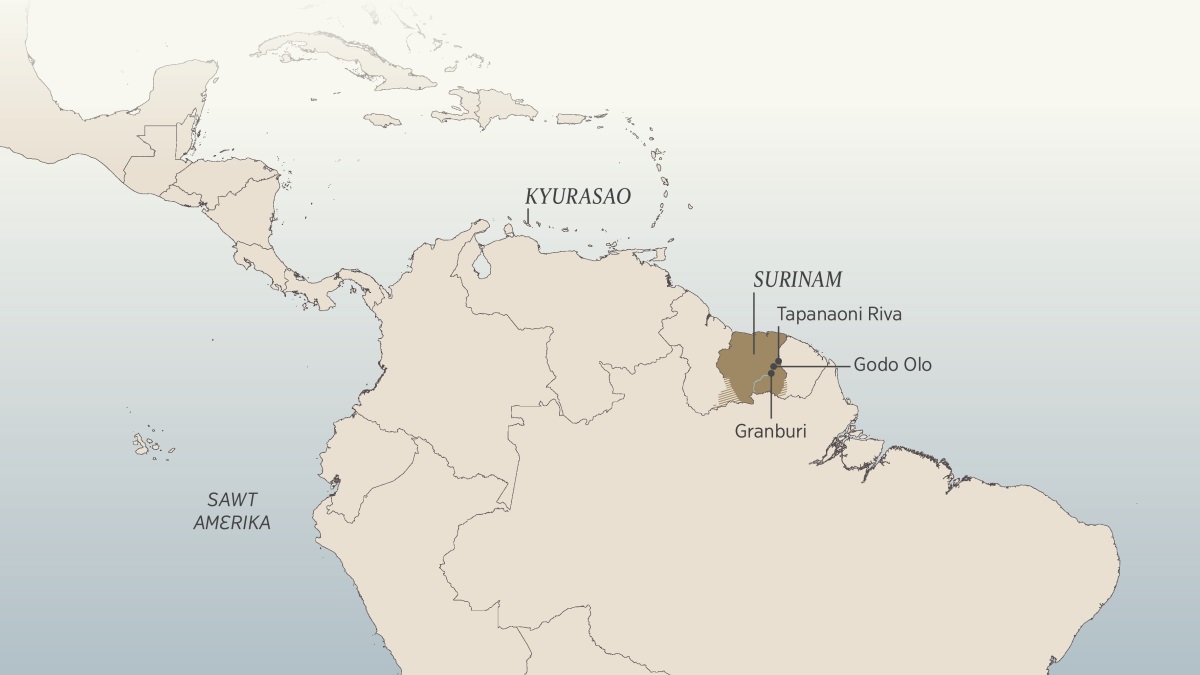 Wan Sawt Amɛrika ɛn di Karibian map, we de sho sɔm pan di ples dɛn we Daniɛl van Marul bin de ɛn travul: Kyurasao, Surinam, di Tapanaoni Riva, Godo Olo, ɛn di vilej na Granburi.