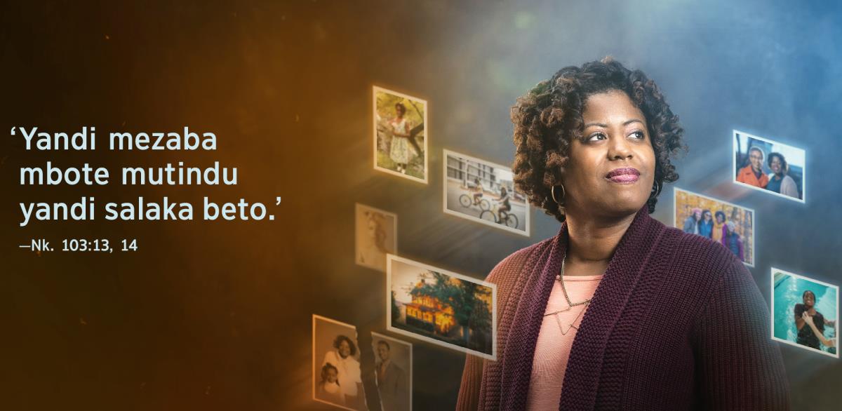 Bampova ‘Yandi mezaba mbote mutindu yandi salaka beto,’ yina kele na Nkunga 103:13, 14, yina kele pembeni ya foto ya mpangi mosi ya nketo. Bafoto mezinga yandi yina kena kumonisa mambu yina yandi kutanaka na yau banda ntangu yandi vuandaka ntete muana fioti.