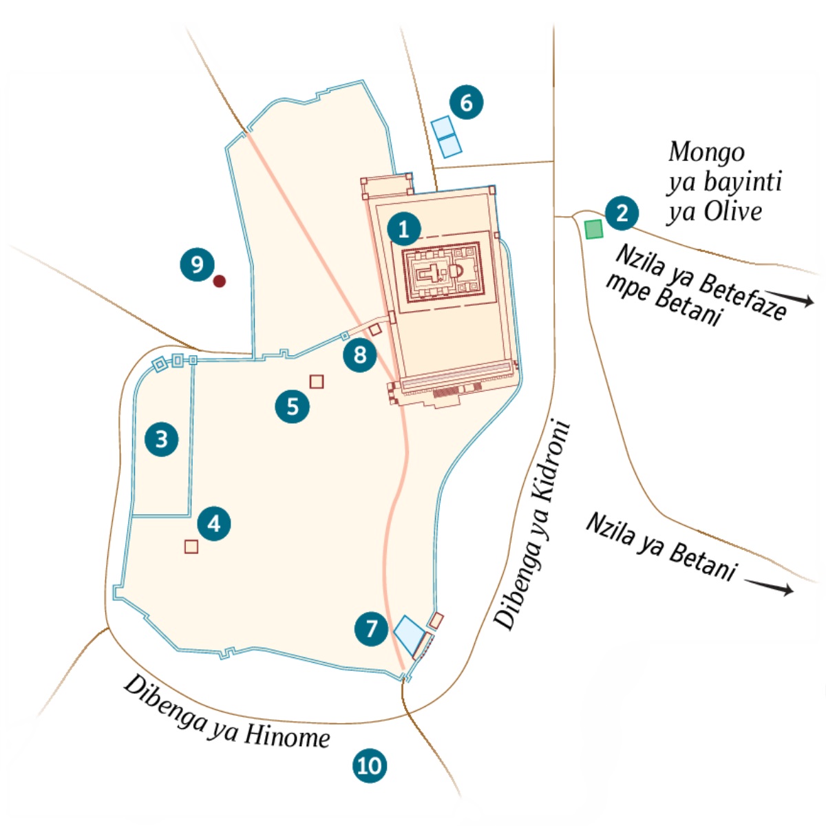 A map of Jerusalem and the surrounding area. Known and possible locations are listed. 1. Temple. 2. Garden of Gethsemane. 3. Governor’s palace. 4. House of Caiaphas. 5. Palace used by Herod Antipas. 6. Pool of Bethzatha. 7. Pool of Siloam. 8. Sanhedrin Hall. 9. Golgotha. 10. Akeldama.