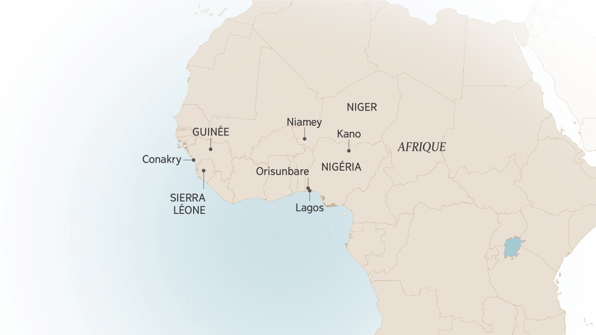 Karti ke na lakisá mwa bisika na Afrique ya westi yina Izraele Itajobi vandaka: Conakry, Guinée; Sierra Leone; Niamey, Niger; Kano, Orisunbare, mpe Lagos, na bwala ya Nigéria.
