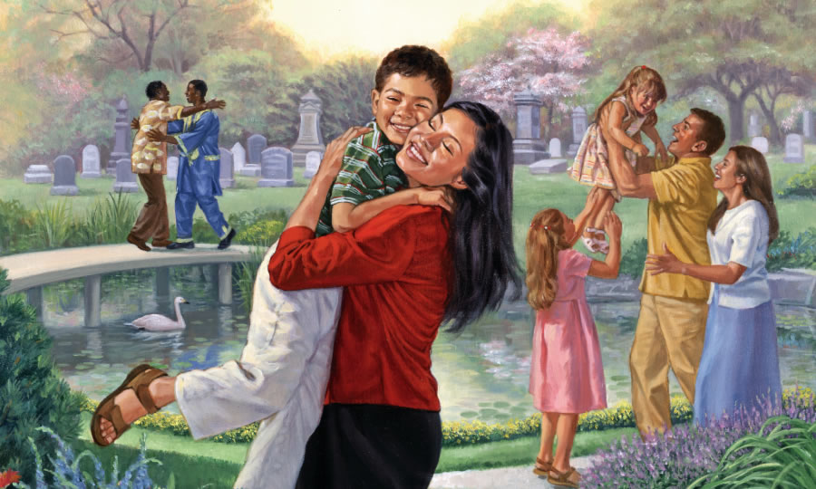 여호와께서 지상 낙원에서 기념 무덤에 있는 사람들을 부활시키시어 사람들이 행복하게 재회하는 모습