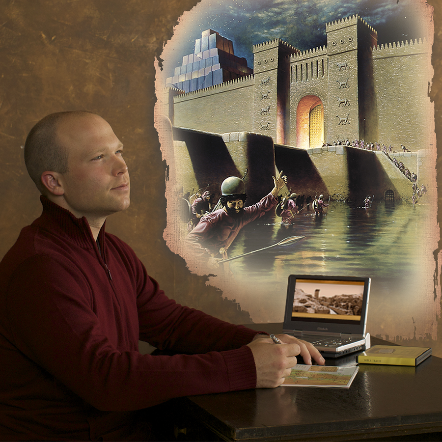 한 남자가 성경의 이사야에 나오는 예언을 읽으면서 바빌론이 함락되는 장면을 상상해 보는 모습