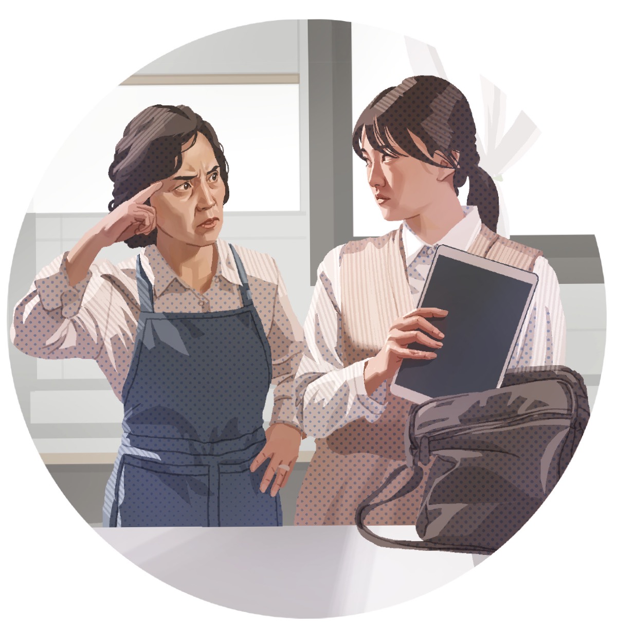 그 여자가 성경을 가방에 넣는 것을 보고 어머니가 큰 소리로 야단을 치고 있습니다.