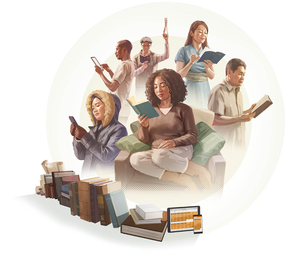 여러 인종과 국적의 사람들이 자신의 언어로 성경을 읽는 모습