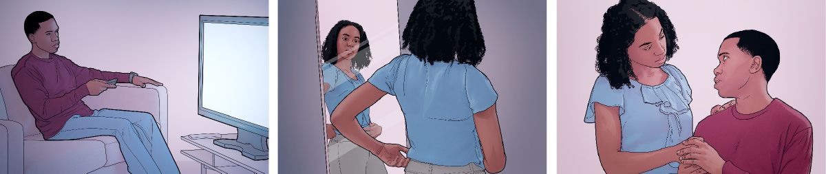 남편과 아내가 오락물, 옷차림과 몸단장, 사랑과 용서와 관련하여 하느님의 인도를 따르고 있는 모습