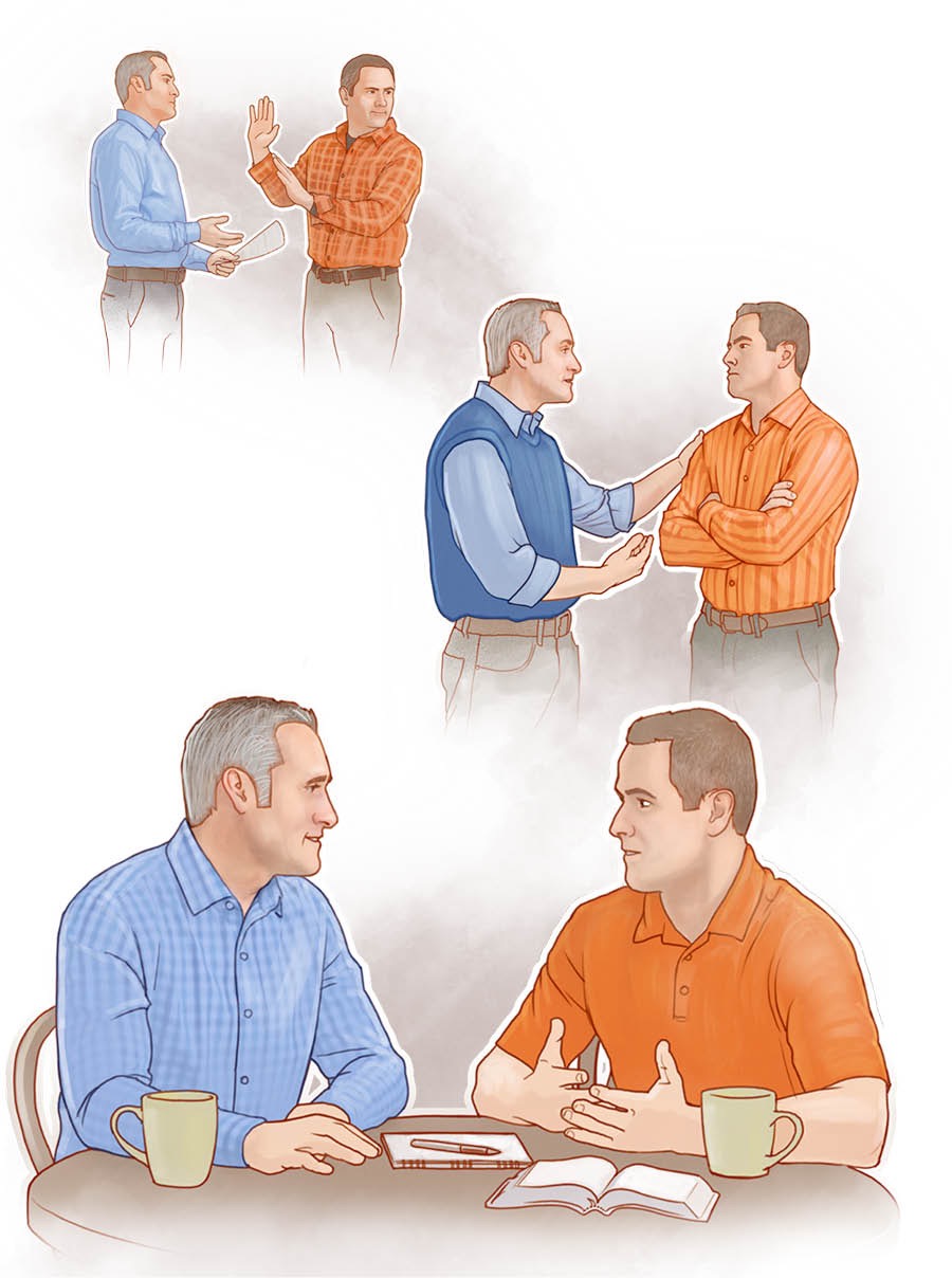 두 형제가 성경을 살펴보면서 불화를 해결하고 서로 용서하는 모습