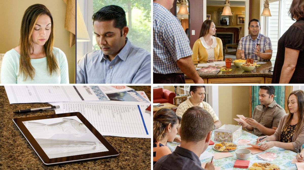 약혼한 남녀가 결혼식 전에 전자 기기와 인쇄한 자료들을 사용해 조사하고, 기도하고, 신부의 부모와 결혼식 관련 계획을 의논하고, 가족들과 함께 청첩장을 보낼 준비를 하는 모습