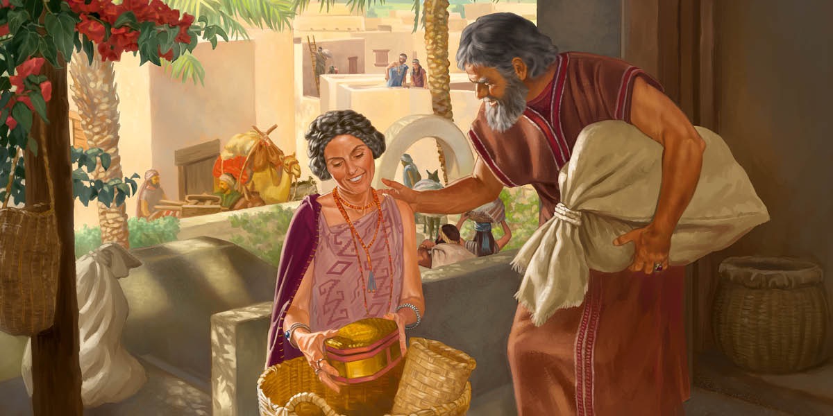 아브람과 사래가 우르를 떠날 채비를 하는 모습. 큰 주머니를 든 아브람이 바구니에 물건을 담고 있는 사래를 격려하고 있다.