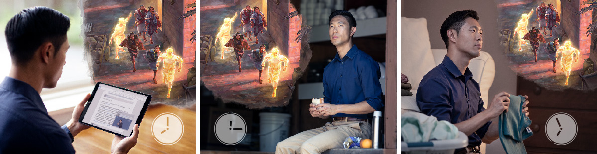 한 형제가 그날의 성구와 해설을 읽고 하루 온종일 묵상하는 모습을 보여 주는 장면들. 1. 당일의 성구와 해설을 읽으면서 천사들이 롯과 그의 가족의 손을 붙잡고 소돔에서 피신시키는 장면을 떠올려 보고 있다. 2. 직장에서 점심을 먹으면서 아침에 읽었던 내용을 계속 머릿속에 그려 보고 있다. 3. 저녁에 집에 돌아와서도, 빨래를 개면서 아침에 읽었던 내용을 묵상하고 있다.