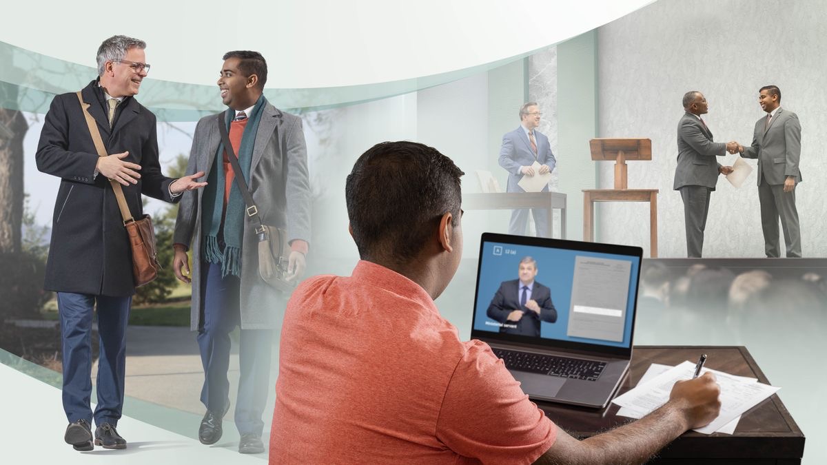 사진 모음: 1. 한 장로가 젊은 형제와 봉사하면서 그를 격려해 줍니다. 2. 그 젊은 형제가 온라인으로 왕국 전파자 학교 지원서를 작성합니다. 3. 나중에 그 형제가 왕국 전파자 학교를 졸업합니다.