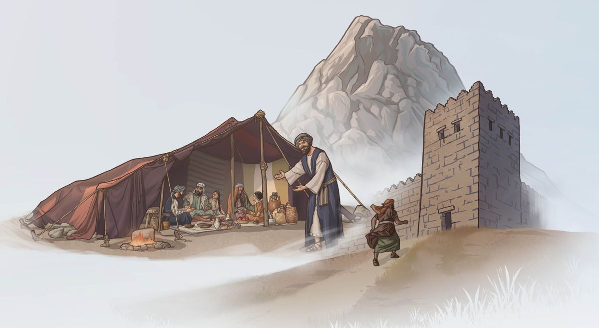 삽화 모음: 1. 한 남자가 망대로 달려갑니다. 2. 한 남자가 손님들이 식사를 하고 있는 자기 천막으로 들어오라고 손짓합니다. 3. 거대한 바위.