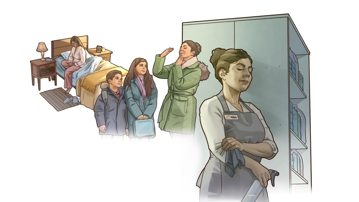 삽화 모음: 한 자매가 하루에도 여러 번 기도하는 모습. 1. 자매가 아침에 일어나서 기도합니다. 2. 자녀들이 학교에 가기 전에 자녀들과 함께 기도합니다. 3. 직장에서 기도합니다.