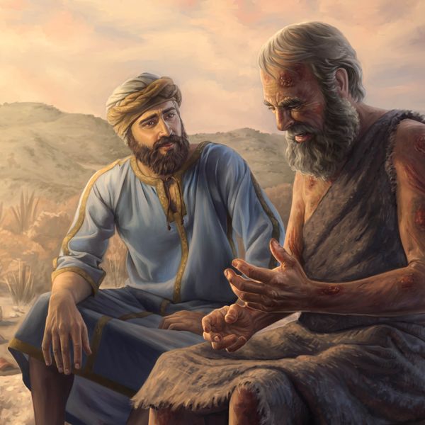 엘리후가 온몸에 종기가 난 욥이 하는 말을 동정심을 가지고 듣는 모습