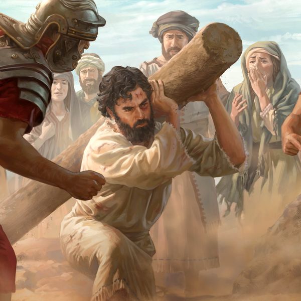 예수께서 형주를 힘겹게 지고 가고 계시며 로마 군인들이 그분께 소리치고 있습니다. 유대인들이 그 모습을 안타깝게 바라보고 있습니다.