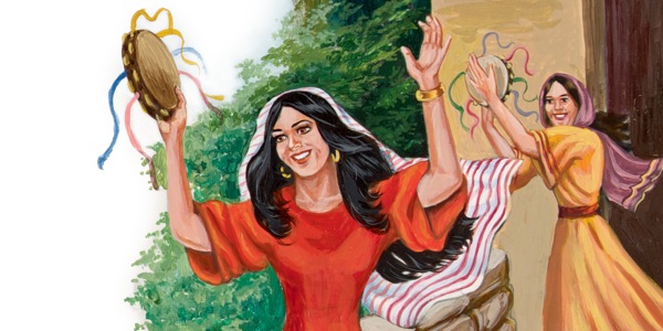 입다의 딸이 아버지를 맞이하러 나오면서 탬버린을 치는 모습