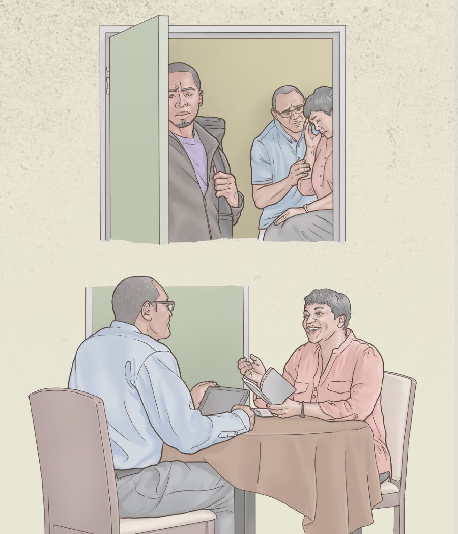 여호와를 버리고 집을 떠나는 자녀 때문에 부모가 괴로워하지만, 그들이 계속 함께 가족 숭배를 하는 모습