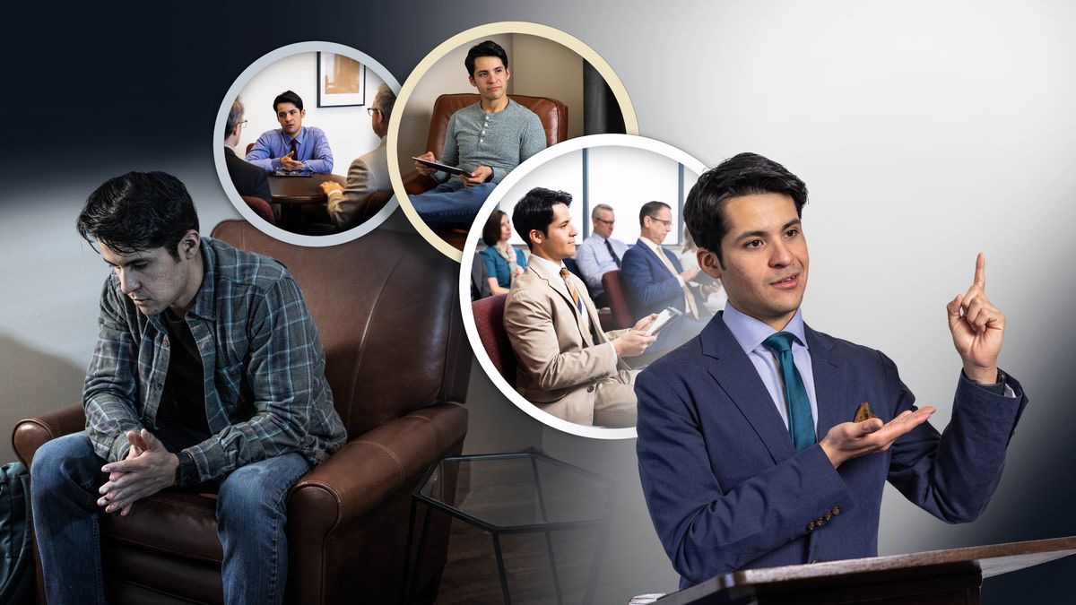 삽화 모음: 1. 한 형제가 죄책감을 느끼고 있는 모습. 그의 옆에는 펼쳐진 성경이 놓여 있습니다. 2. 그가 두 명의 장로와 이야기를 나눕니다. 3. 그가 전자 기기로 읽은 내용을 묵상합니다. 4. 그가 회중 집회의 내용을 잘 듣습니다. 5. 그가 회중 집회에서 연설을 합니다.