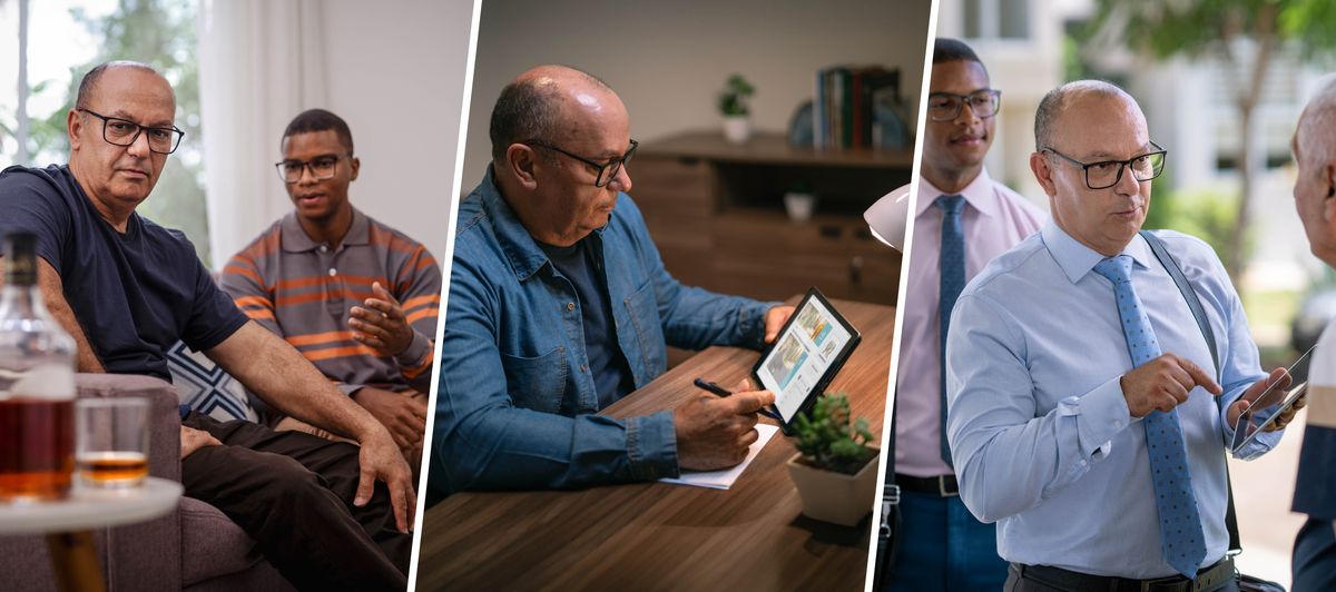 삽화 모음: 1. 젊은 장로가 한 형제에게 이야기하고 있습니다. 형제는 술병과 술이 약간 남아 있는 술잔을 바라보고 있습니다. 2. 형제가 성경과 「행복한 삶을 영원히 누리십시오!」 책 43과를 살펴보고 있습니다. 3. 형제가 앞서 나온 젊은 장로와 함께 호별 봉사를 하고 있습니다.