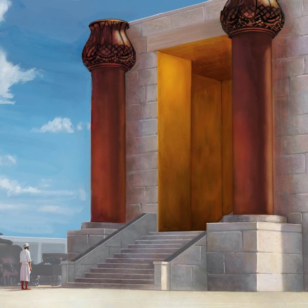 한 레위인이 구리 제단과 성전 현관 사이에 서 있는 모습.