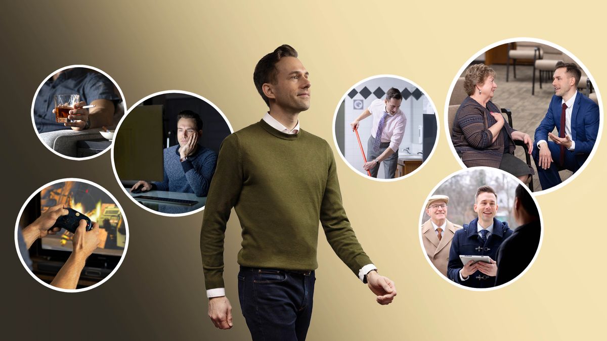 한 형제가 확신에 찬 모습으로 걸어가고 있습니다. 삽화 모음: 원 안의 삽화들에는 그가 예전에 했던 일들이 지금 하고 있는 일들과 대비되어 있습니다. 그가 과거에 한 잘못들: 1. 폭력적인 비디오 게임을 했습니다. 2. 과음과 흡연을 했습니다. 3. 컴퓨터로 부적절한 내용을 봤습니다. 그가 지금 하고 있는 일들: 1. 왕국회관을 청소하고 있습니다. 2. 연로한 자매와 이야기하고 있습니다. 3. 야외 봉사에 참여하고 있습니다.