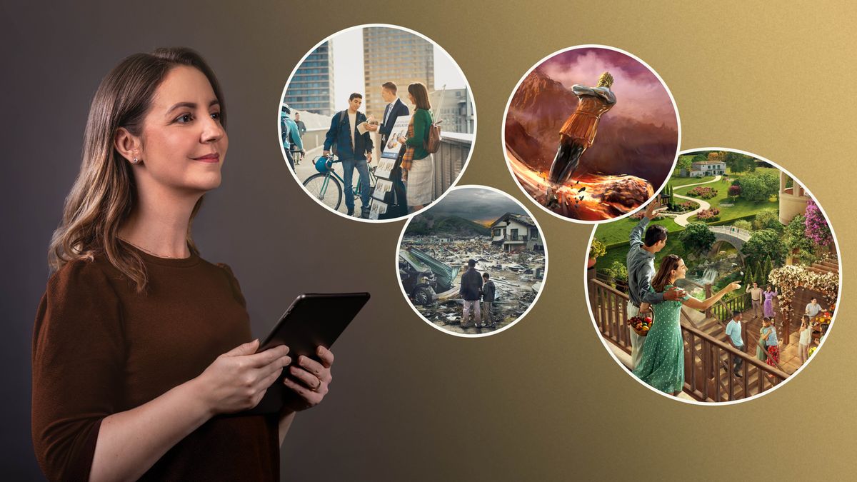 한 자매가 성경 예언들을 읽고 묵상하고 있습니다. 삽화 모음: 1. 한 부부가 출판물 전시대 옆에 서서 한 남자와 대화를 나누고 있습니다. 2. 아버지와 아들이 자연재해로 파괴된 곳을 바라보고 있습니다. 3. 다니엘 2장에 묘사된 대로, 돌 하나가 느부갓네살의 꿈에 나온 형상의 발을 쳐서 부서뜨립니다. 4. 사람들이 낙원이 된 땅에서 행복하게 살아갑니다.