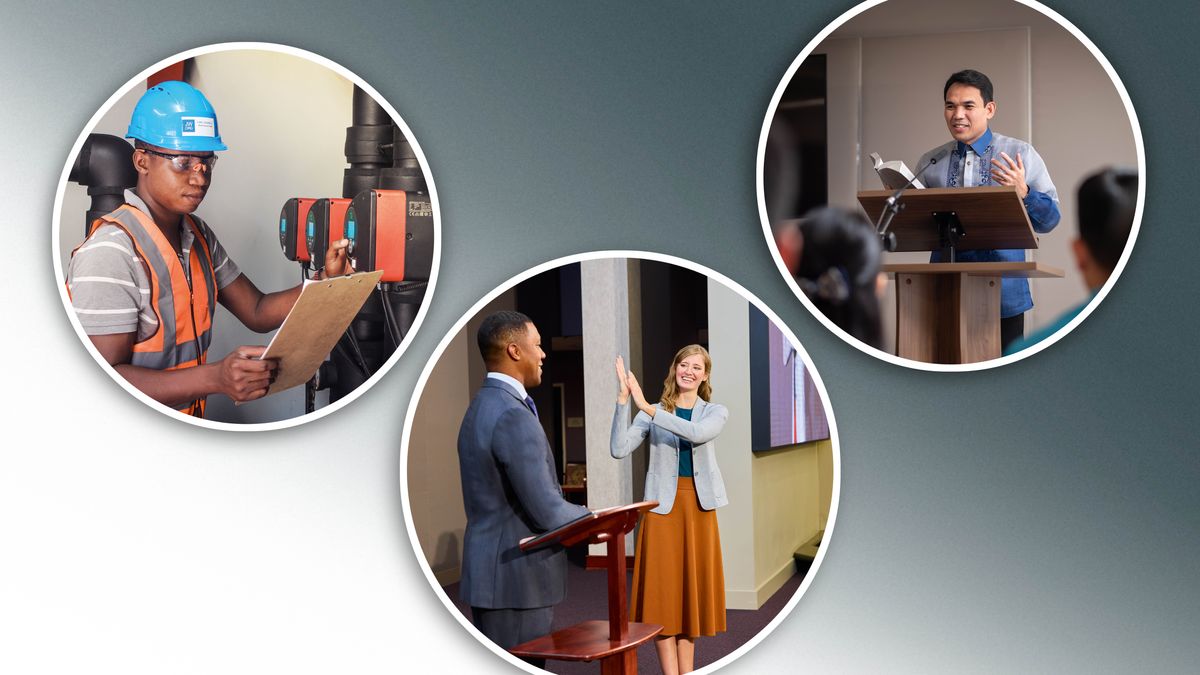 삽화 모음: 다양한 임명을 수행하고 있는 형제자매들. 1. 한 형제가 신권 시설에서 파이프 압력을 점검하고 있습니다. 2. 한 자매가 수어 순회 대회에서 회견을 하고 있습니다. 3. 한 형제가 회중 집회에서 연설을 하고 있습니다.