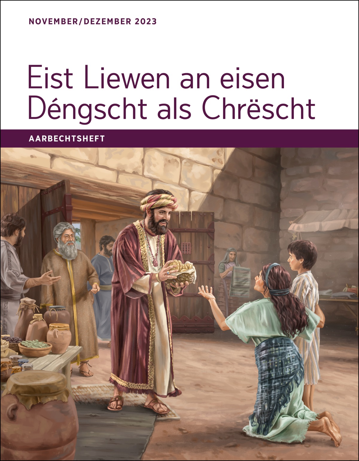 Hiob gibt am Stadttor einer bedürftigen Frau und ihrem Sohn Lebensmittel.