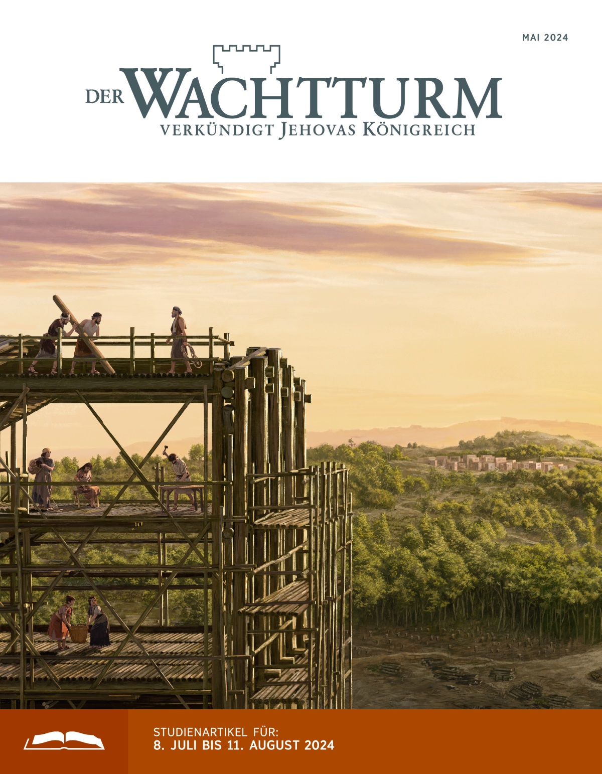 Noah und seine Familie haben das Grundgerüst der Arche fertiggestellt und arbeiten im Innern. In einiger Entfernung sieht man ein Dorf, das von Wäldern umgeben ist.