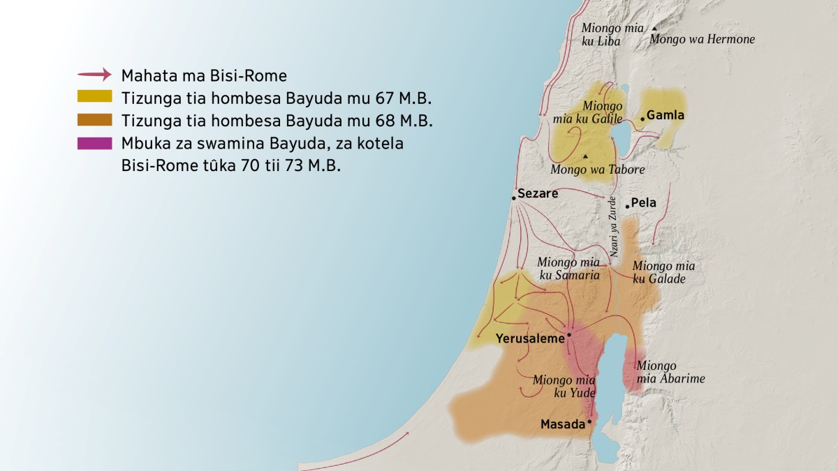 Karte yi ta nsongela bala bia miongo na mimvuka mia israele mu mbandu ya ntete.Ku Nore ya Yerusaleme kwe na miongo mia: Liban, Galile, Samaria, Galade, na mongo wa Hermone na wa Tabore. Ku Nore ya Yerusaleme kwe na mimvuka mia: Gamla, Cesare na Pella. Ku Sud ya Yerusaleme kwe na miongo mia: Yude, Abarim na mumvuka wa Masada. Karte yi songele mpe nzila za mahata ma Bisi-Rome na mimvuka mia hombesa Bayuda mu 67 tii 73 M.B.