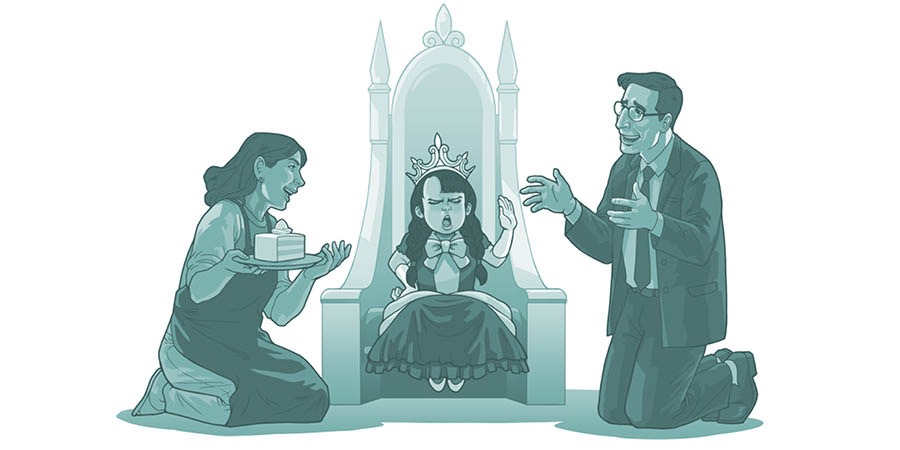 A little girl sits like a princess with her parents bowing down to her
