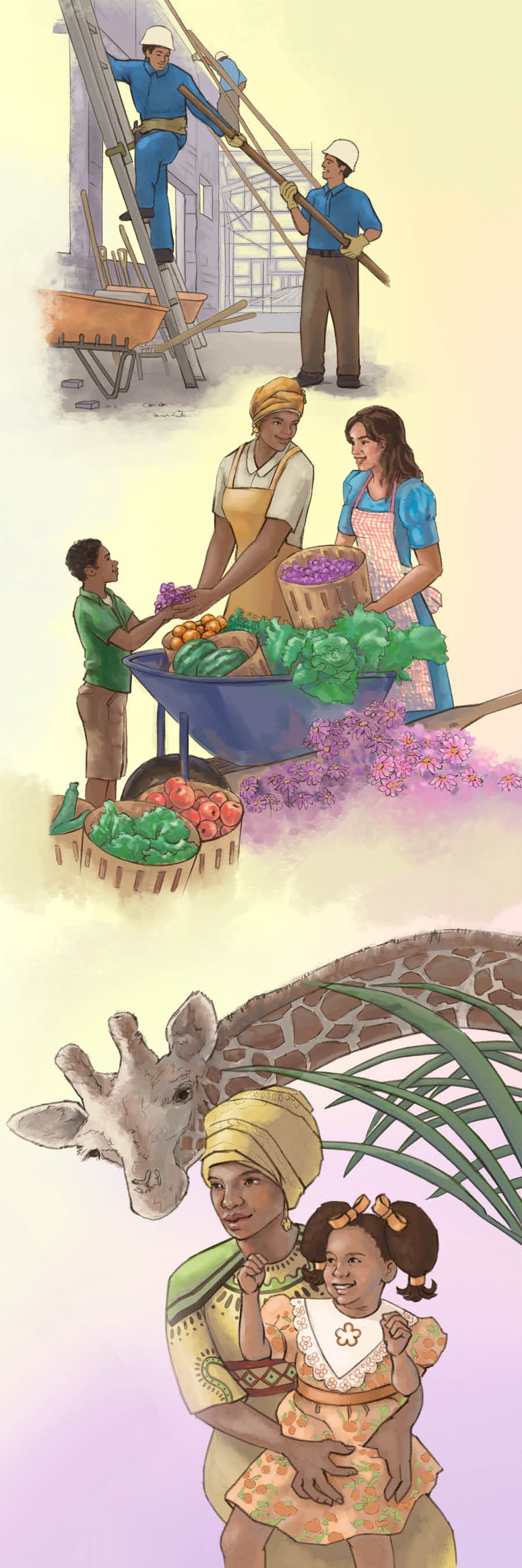 Abantu bazimba ennyumba mu Lusuku lwa Katonda, abalala bakungula emmere, era maama akutte muwala we