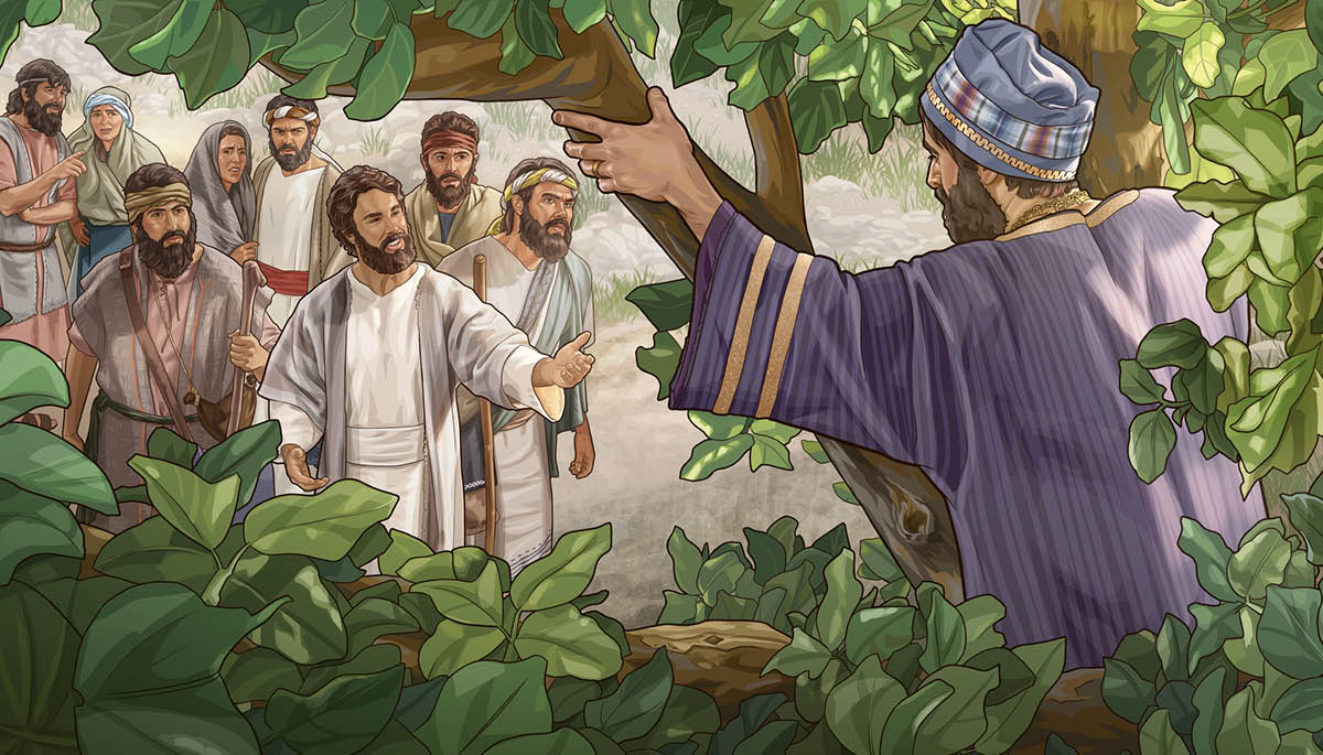 Yesu ng’agamba Zaakayo akke wansi okuva ku muti, era abantu abaliwo beewuunya.