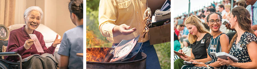 Ebifaananyi: Abantu bakola ebisanyusa Yakuwa. 1. Mwannyinaffe omukadde ng’abuulira oyo amulabirira. 2. Omusajja ng’ayokya ebintu ebyekuusa ku by’obusamize. 3. Bannyinaffe basatu ab’amawanga ag’enjawulo nga bali ku lukuŋŋaana olunene.