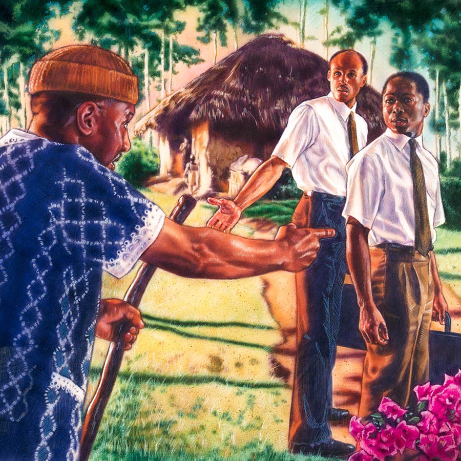 Omusajja agoberera Abajulirwa ba Yakuwa babiri abaali babuulira, ng’alowooza nti omu ku bo ye muganda we eyafa