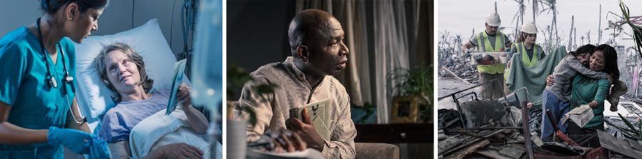 Mwannyinaffe ng’ali ku kitanda mu ddwaliro ng’abuulira; ow’oluganda ng’akutte ekifaananyi; omukazi ali mu kitundu ekiguddemu akatyabaga ng’asitudde omwana