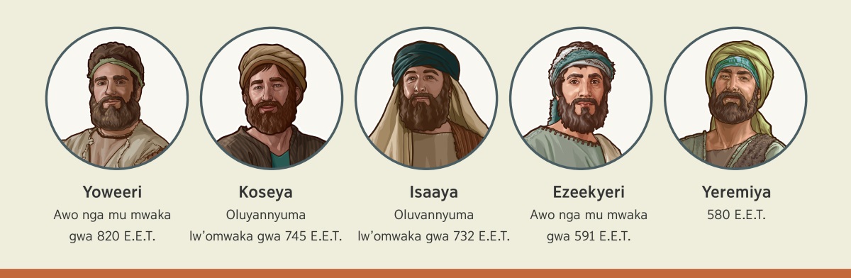 Ebifaananyi: Bannabbi Yakuwa be yatuma okuyamba abantu be abajeemu okwenenya. 1. Yoweeri: awo nga mu mwaka gwa 820 E.E.T. 2. Koseya: oluvannyuma lw’omaka gwa 745 E.E.T. 3. Isaaya: oluvannyuma lw’omaka gwa 732 E.E.T. 4. Ezekyeri: awo nga mu mwaka gwa 591 E.E.T. 5. Yeremiya: 580 E.E.T.