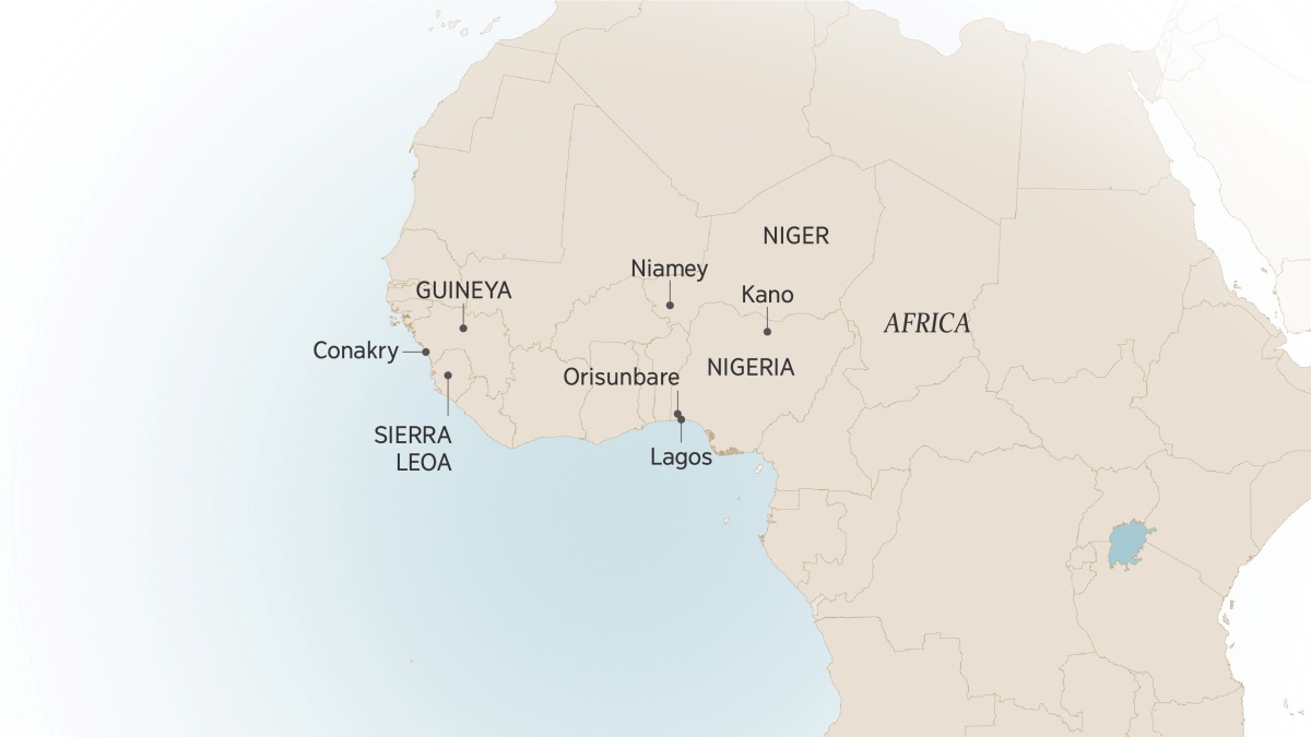 Mapa amakhumelo adhuwa a Afrika anooni-a maburo enango weo wakala Israel Itajobi thitho watumikela aliwa: Conakry, Guineya; Sierra Leoa; Niamey, Niger; Kano, Orisunbare, na Lagos, Nigeria.