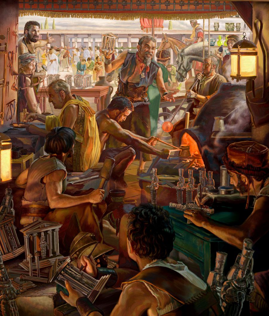 À Éphèse. Au premier plan, dans un atelier d’orfèvrerie, Démétrius tient une représentation miniature d’Artémis. Il cherche à gagner à sa cause d’autres artisans. À l’arrière-plan, sur la place du marché, Paul prêche à la foule.