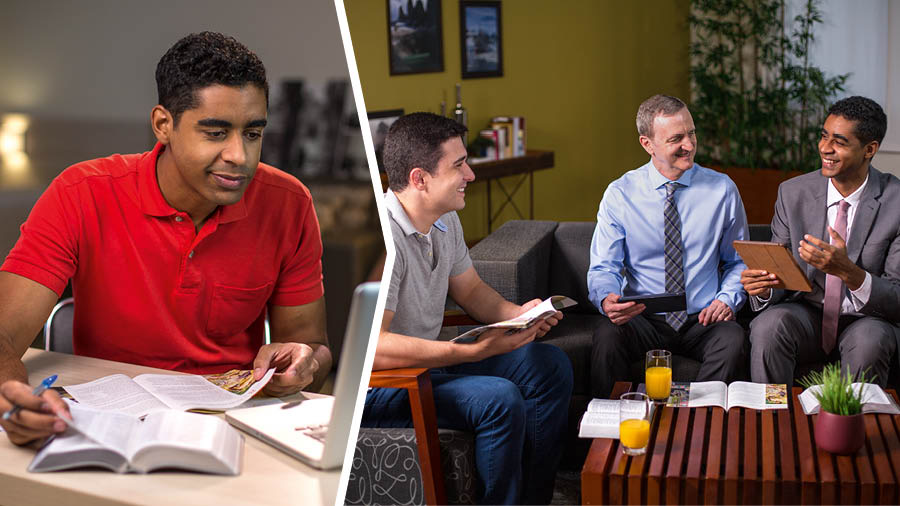 Ensemble d’illustrations : 1) Un frère qui va assister à un cours biblique prépare la leçon qui va être étudiée. 2) Pendant le cours biblique, le même frère participe à la discussion.